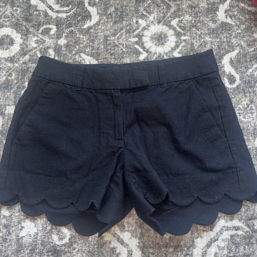 J. Crew Black Scalloped Linen Cotton Shorts Size 0 Coastal Women's